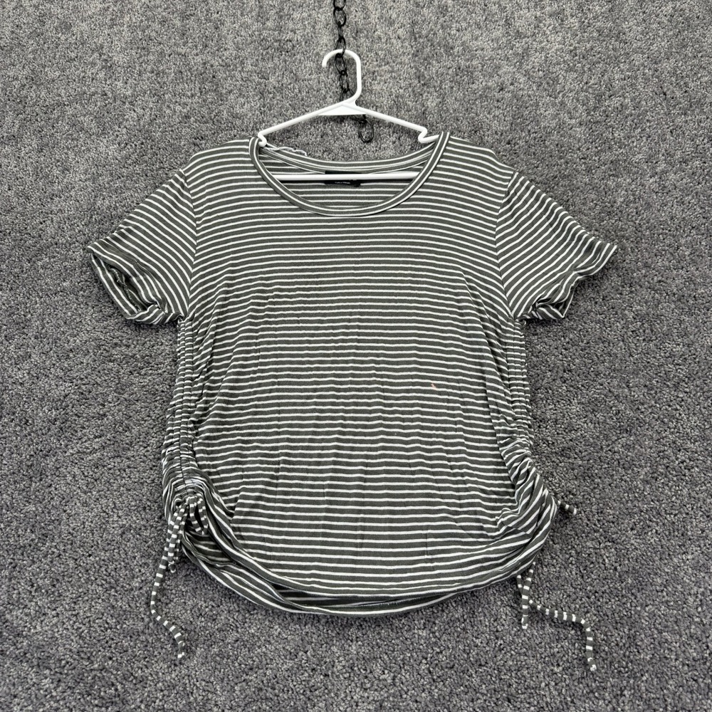 Paperoc T Shirt Womens Medium Olive Green Striped Side Ruched Cinched